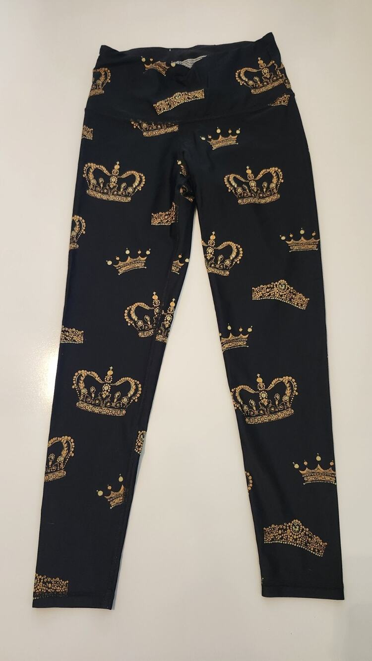 Victoria Sport Queen Crown Leggings Womens Small Black Gold Tiara Royal #488